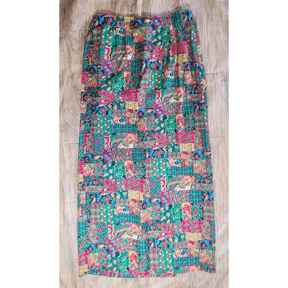 Vintage Christmas Women's Med Paisley Patchwork Print Maxi Skirt Wrap Cotton USA - Picture 2 of 9